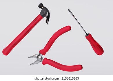 hammer and pliers and screwdriver levitation on a white background. hand tools. 3D render. - Powered by Shutterstock