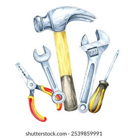 A hammer, pliers, screwdriver and wrenches clipart. Hardware tools hand-painted watercolor illustration for flyers, brochures, DIY product packaging, or construction-themed merchandise designs - Powered by Shutterstock