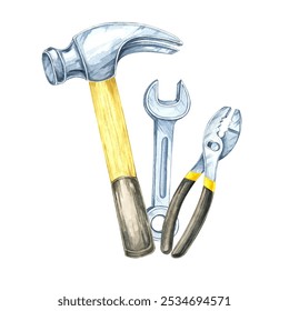 A hammer, pliers, and a wrench clipart. Hand-painted instruments watercolor illustration. Ideal for construction-related designs, tool merchandise branding, or professional hardware catalogs - Powered by Shutterstock