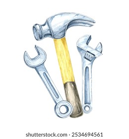 A hammer and two wrenches clipart. Hand-painted watercolor illustration. Ideal for marketing construction tools, industrial merchandise designs, or educational materials on basic repair equipment - Powered by Shutterstock