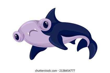 Hammerhead Shark, Cartoon Fish With Big Eyes.  Underwater Shark With Big Head In Form Hammer Illustration