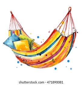 Hammock And Three Colorful Pillows. Swing Bed In Orange, Purple And Blue Colors Illustration. Hand Drawn Watercolor Painting On White Background. 