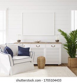 Hampton Style Living Room Interior With Frame Mockup, 3d Render