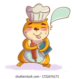 hamster chef with a rolling pin in the hat of the chef