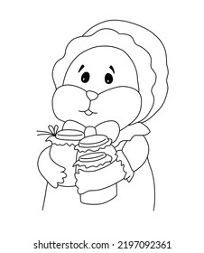 Hamster In A Dress And Cap Is Holding Three Jars Of Jam. Outline On A White Background Hand Drawn Illustration