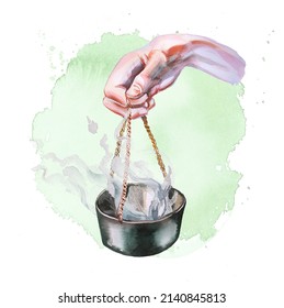 Hand with aroma fog  design Yoga themed illustration. Calmness and meditation concept clipart. Spa branding.