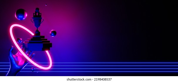 Hand Backgound Video Game Of Esports Champion Cup, Scifi Gaming Cyberpunk, Vr Virtual Reality Simulation And Metaverse, Scene Stand Pedestal Stage, 3d Illustration Rendering, Futuristic Neon Glow Room