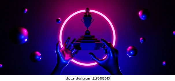 Hand Backgound Video Game Of Esports Champion Cup, Scifi Gaming Cyberpunk, Vr Virtual Reality Simulation And Metaverse, Scene Stand Pedestal Stage, 3d Illustration Rendering, Futuristic Neon Glow Room