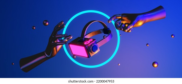 Hand Backgound Video Game Of Esports Champion Cup, Scifi Gaming Cyberpunk, Vr Virtual Reality Simulation And Metaverse, Scene Stand Pedestal Stage, 3d Illustration Rendering, Futuristic Neon Glow Room