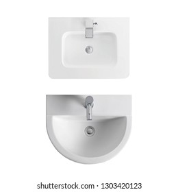 Hand Basin Overhead View And Bathroom Sink Top View Isolated On White Background, Perfect For Use For 2d Colour Floor Plans And Interior Design Projects.