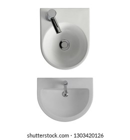 Hand Basin Overhead View And Bathroom Sink Top View Isolated On White Background, Perfect For Use For 2d Colour Floor Plans And Interior Design Projects.