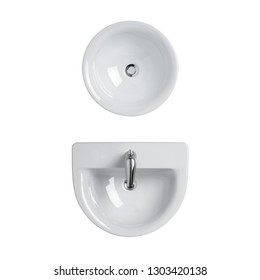 Hand Basin Overhead View And Bathroom Sink Top View Isolated On White Background, Perfect For Use For 2d Colour Floor Plans And Interior Design Projects.