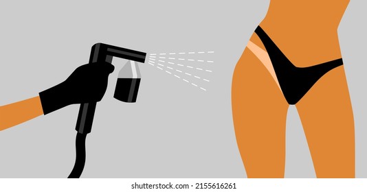 Hand in a black glove with a black spray tan machine sprays tan on a woman's body in black bikini. Flat illustration of auto tanning procedure