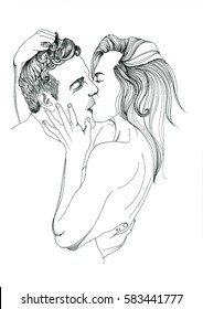 Hand black   white illustration graphic beautiful kissing couple Man and barber haircut holding woman by hand Naked woman and long beautiful hair kissing man Love postcards fashion illustration