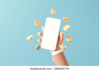 Hand businessman holding mock up smartphone surrounded by golden coin blue background  Hand showing blank mobile phone  3d render 