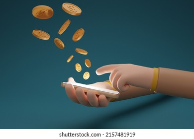 Hand Of Businessman Holding Smartphone With Coins Drop In A Smartphone,cryptocurrency Transfer, Payment Via A Smartphone,Mobile Phone Bank,Mobile Wallet,isolated Background. 3d Rendering Illustration