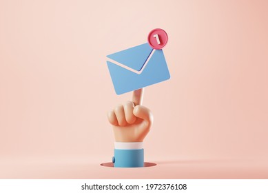 Hand Of Businessman Pressing An New Email Notification Icon With One E-mail Message. Minimal Design. 3d Rendering