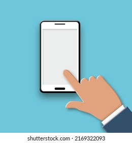 Hand Businessman Touch Screen Mobile Icon. Click On The Smartphone And Blue Background. Shadow Overlay. Copy Space For The Text. Illustration Of 3D Paper Cut Design Style.