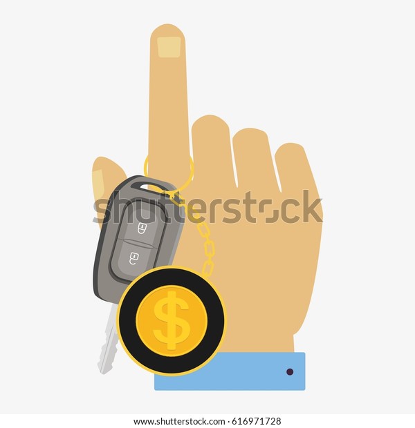 Hand with car key pointing to top. Flat \
illustration isolated on white\
background