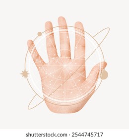 A hand with a celestial design overlay, featuring stars and planets. The hand is open, surrounded by cosmic symbols, emphasizing a mystical, cosmic theme. Hand illustration on white background.