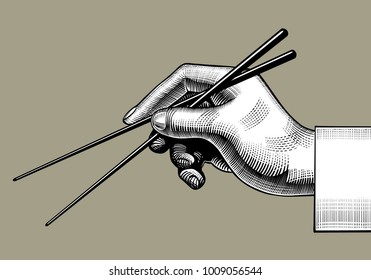 Hand With Chopsticks. Vintage Stylized Drawing