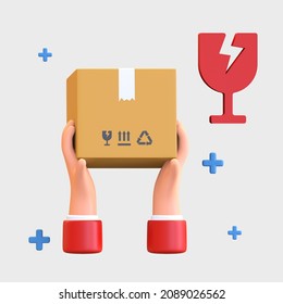 Hand Courier Holding Up Parcel Box Fragile Item Cash On Delivery Service Icon 3d Render Illustration