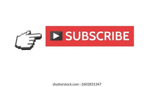 Hand cursor pointing at subscribe button with play icon, boosting online interaction. Digital, engagement, marketing, content, media, web