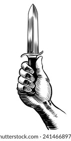 Hand with dagger. Retro styled hand-drawn black and white illustration