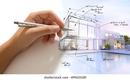 Hand Drafting A Design Villa And The Building Becoming Real 3D Rendering