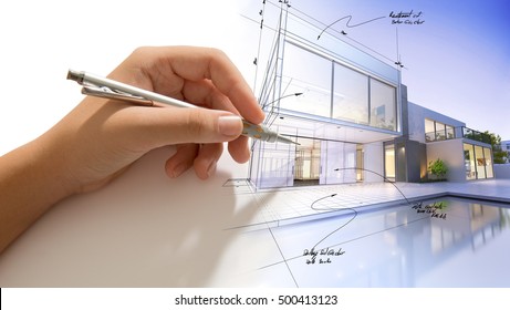 Hand Drafting Design Villa Building Becoming Stock Illustration ...