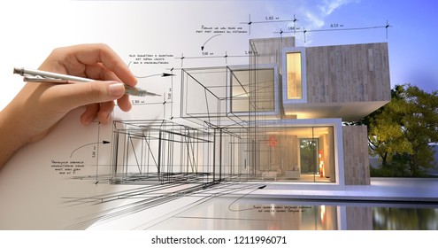 Hand drafting a modern white villa with a pool - Powered by Shutterstock