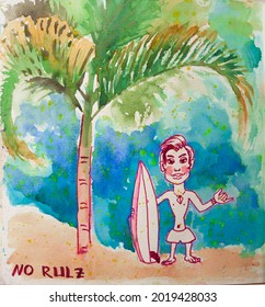 A hand dran watercolor   marker surfer 'No rulz'
