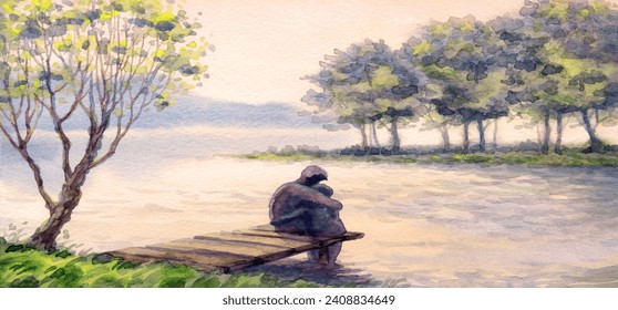 Hand draw artist land pond beach dad scene sketch text space. Cute happy joy relax human daddy look teach leisure calm rest 2 little rural male kid grass field wood plant fog mist dusk sky back view - Powered by Shutterstock