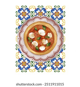 Hand draw colored graphic composition with Italian food, summer aesthetic, Dolce Vita, Capri, fresh fruits, pasta, pizza, isolated on white background - Powered by Shutterstock