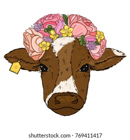 Hand draw digital illustration Cow and flowers the head  Cow and the wreath head white background  Farm animal 