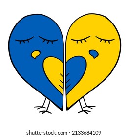 Hand draw doodle illustration two birds halves one whole heart yellow  blue color as the flag ukraine
