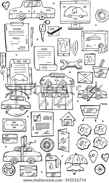 Hand\
draw  Doodle  set.Selling cars on internet and in car stores.Design\
doodle elements for banner,  business, card,\
poster.