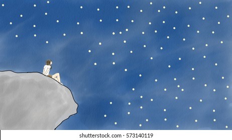 hand draw doodle woman sitting cliff   look at star in the night sky  copy space for text  illustration  watercolor style