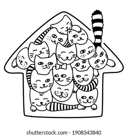 Hand Draw Home With Cats In Doodling Style. Lots Of Cute Cartoon Cats Assembled House Shape. Coloring Book For Children. Black Outlines Isolated On A White Background. Childlike Stock Illustration.