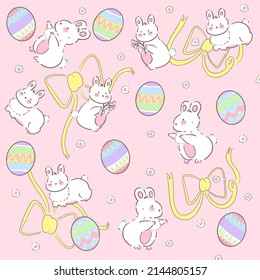 Hand draw Illustration cute easter eggs   white bunny and spring blossom pastel color pattern background 