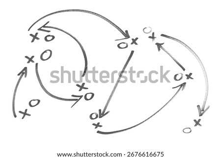 Hand draw strategy game plan for football, basketball, handball, sketched black marker, isolated on white, clipping path, design elements
