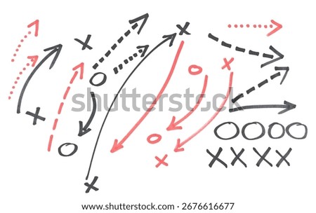 Hand draw strategy game plan for football, basketball, handball, sketched black marker, isolated on white, clipping path, design elements