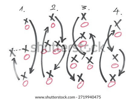 Hand draw strategy game plan for football, basketball, handball, sketched black marker, isolated on white, clipping path, design elements