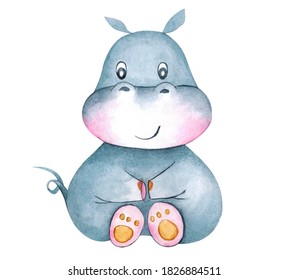 Hand Draw Watercolor Illustration Hippo Isolated