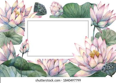 Hand draw watercolour illustration.Wedding card with beautiful frame of lotus flowers with leaves on white background.Perfect for wedding invitations, cards, frames, posters, packing,cosmetics,prints
