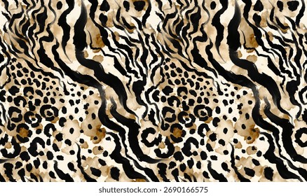 Hand draw zebra and leopard pattern in paint brush. Textile print pattern.