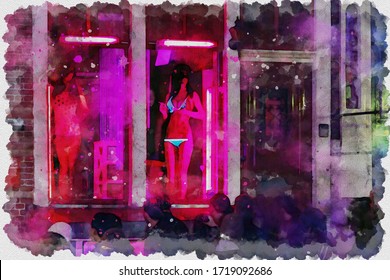 Hand drawing of the Amsterdam red light district with unidentified, blurry face, incomplete face painted, faded face sex worker in the red lit window facing passer by tourists, Netherlands