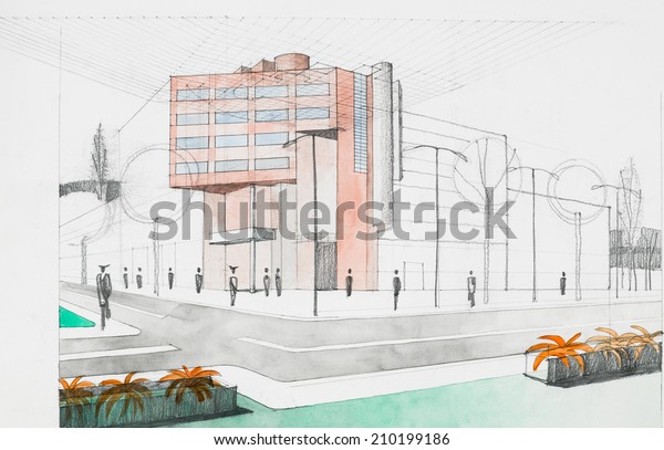 hand drawing architectural\
perspective of modern building, street and sidewalk\
surroundings