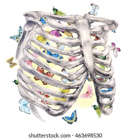 Hand drawing bone skeleton  anatomical drawing human thorax  print for Halloween  Butterflies in the stomach   Love