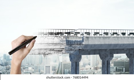 Hand Drawing Bridge On Abstract City Background. Engineering And Project Concept. 3D Rendering 